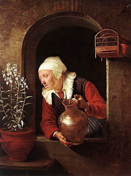 Old Woman Watering Flowers